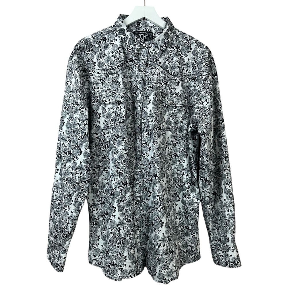 Cowgirl Hardware Black White Floral Bling Long Sleeve Snap Up Shirt Women Sz XXL